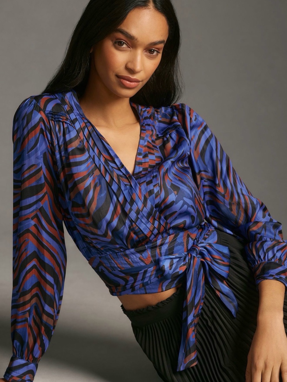Anthropologie Blue and Brown Printed Wrap Blouse with Tie